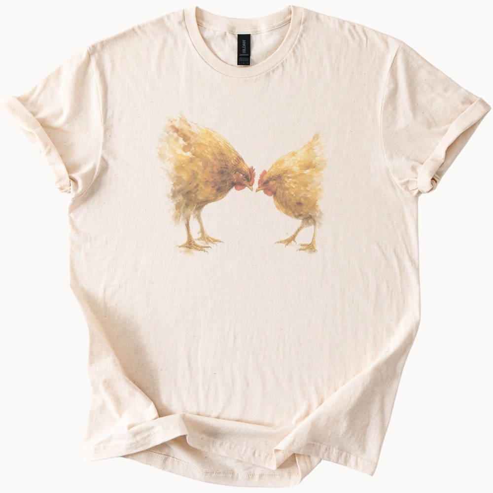 Two Hens Facing Off Splatter Paint Style Tee
